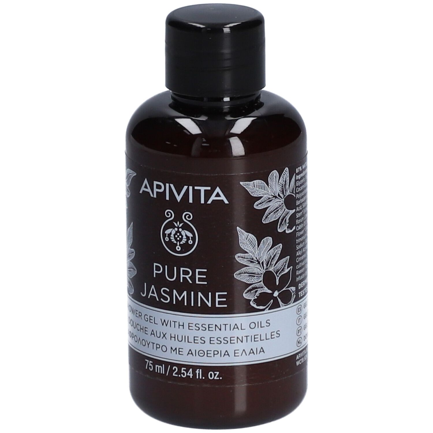 Flacon marron avec bouchon noir. Inscription: Apivita Pure Jasmine. Texte multilingue. 75 ml.