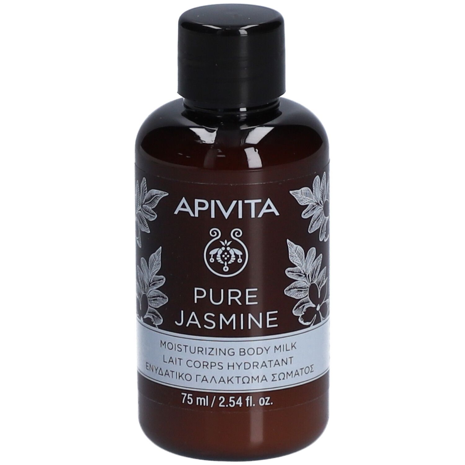 Flacon marron avec bouchon noir. Inscription : Apivita Pure Jasmine, Lait Corps Hydratant.