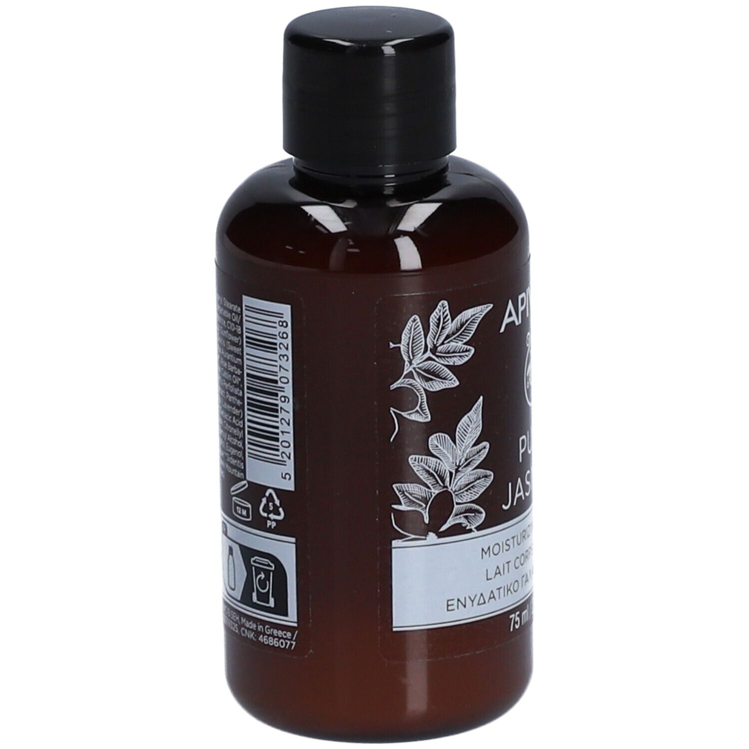 Flacon marron avec bouchon noir. Code-barres et informations produit au dos.