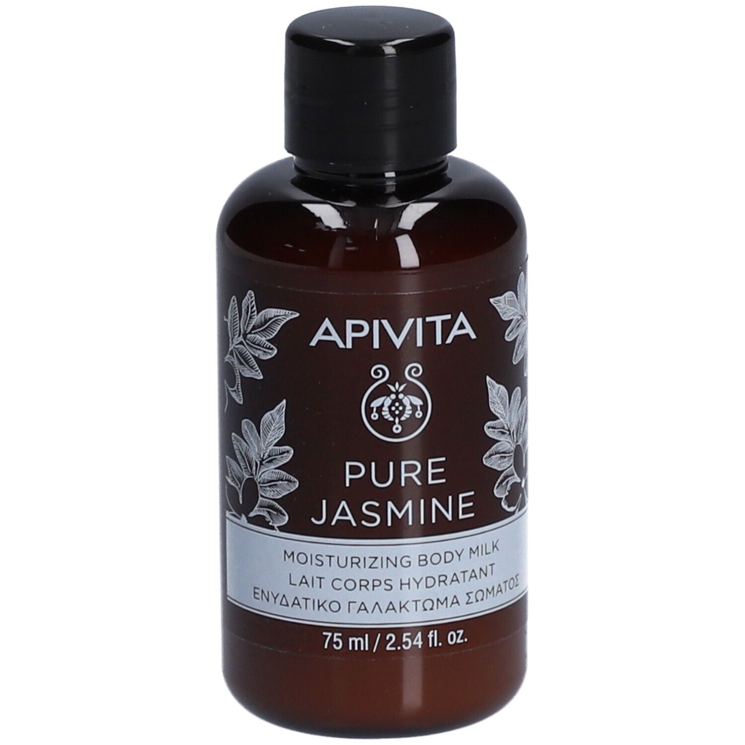 Flacon marron avec bouchon noir. Inscription : Apivita Pure Jasmine, Lait Corps Hydratant.