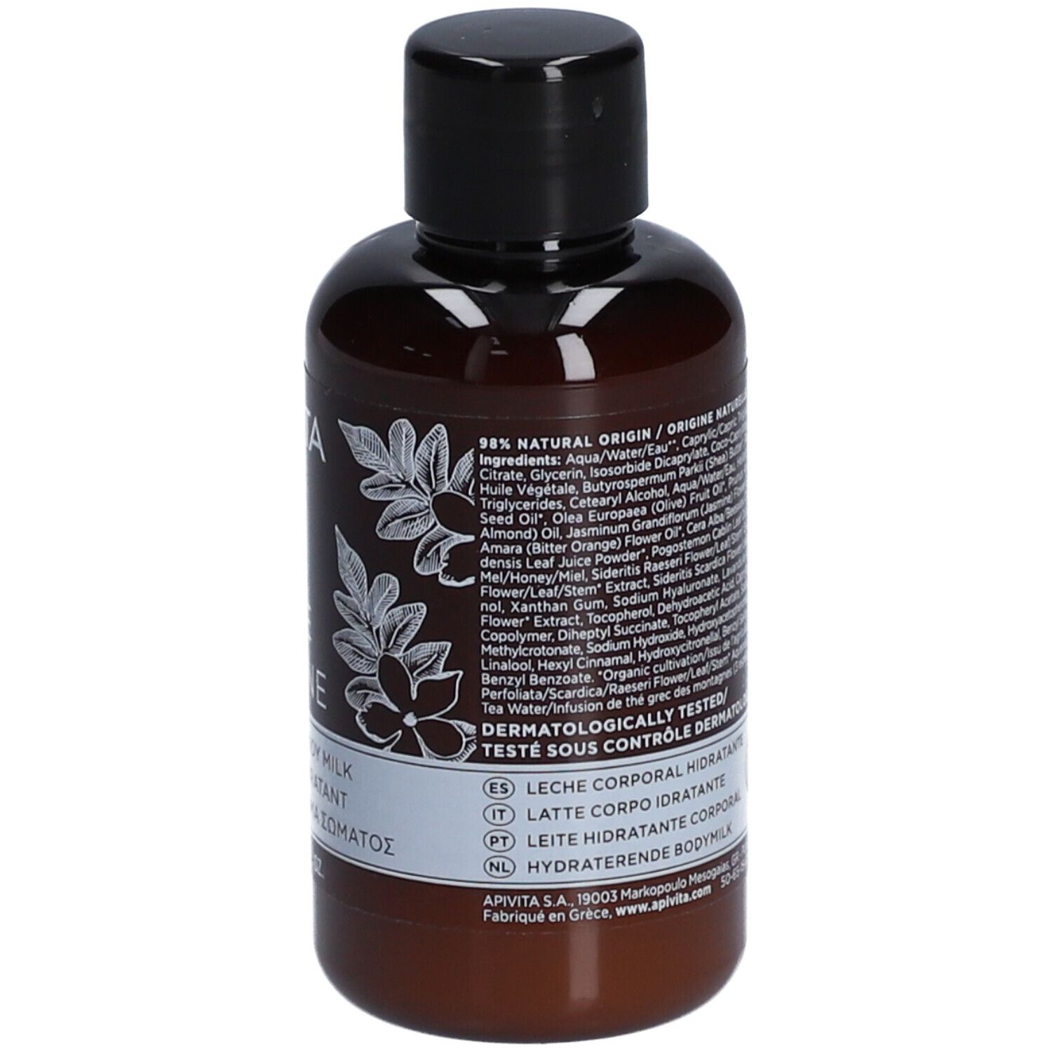 Flacon marron avec bouchon noir. Inscription : Apivita Pure Jasmine, Lait Corps Hydratant. Ingrédients au dos.