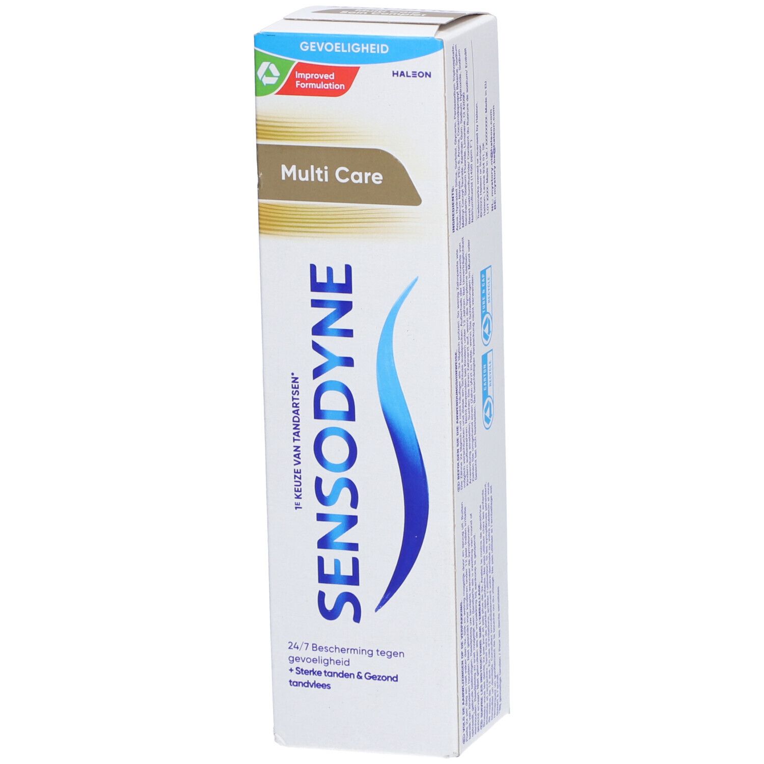 Zahnpasta-Schachtel Sensodyne Multicare. Weiß, blau und braun. Text: 'Sensodyne', 'Multi Care'.