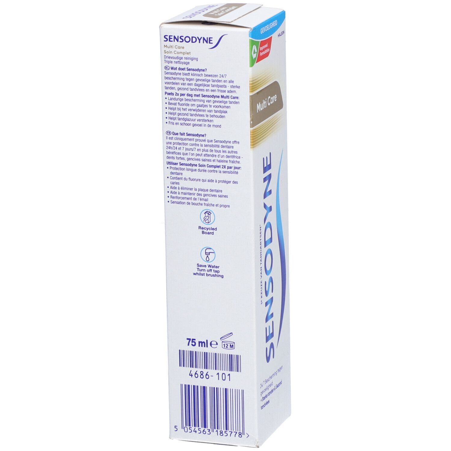 Zahnpasta-Schachtel Sensodyne Multicare. Weiß, blau und braun. Text: 'Sensodyne', 'Multi Care'.