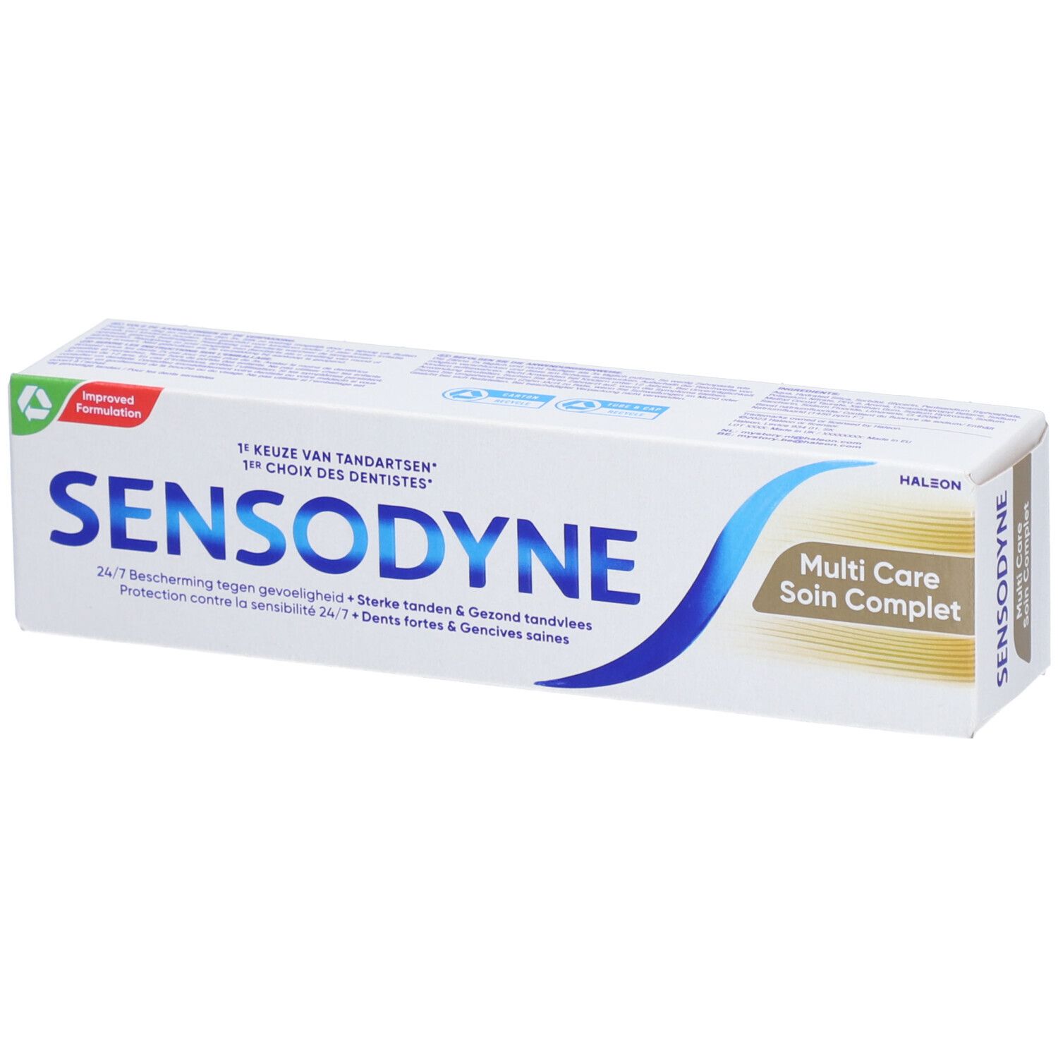 Zahnpasta-Schachtel Sensodyne Multicare. Weiß, blau und braun. Text: 'Sensodyne', 'Multi Care'.