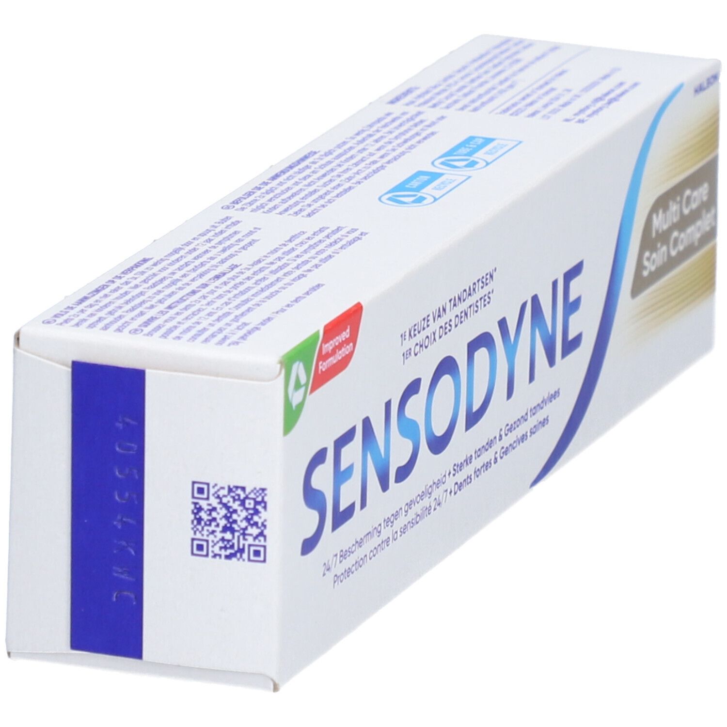 Zahnpasta-Schachtel Sensodyne Multicare. Weiß, blau und braun. Text: 'Sensodyne', 'Multi Care'.