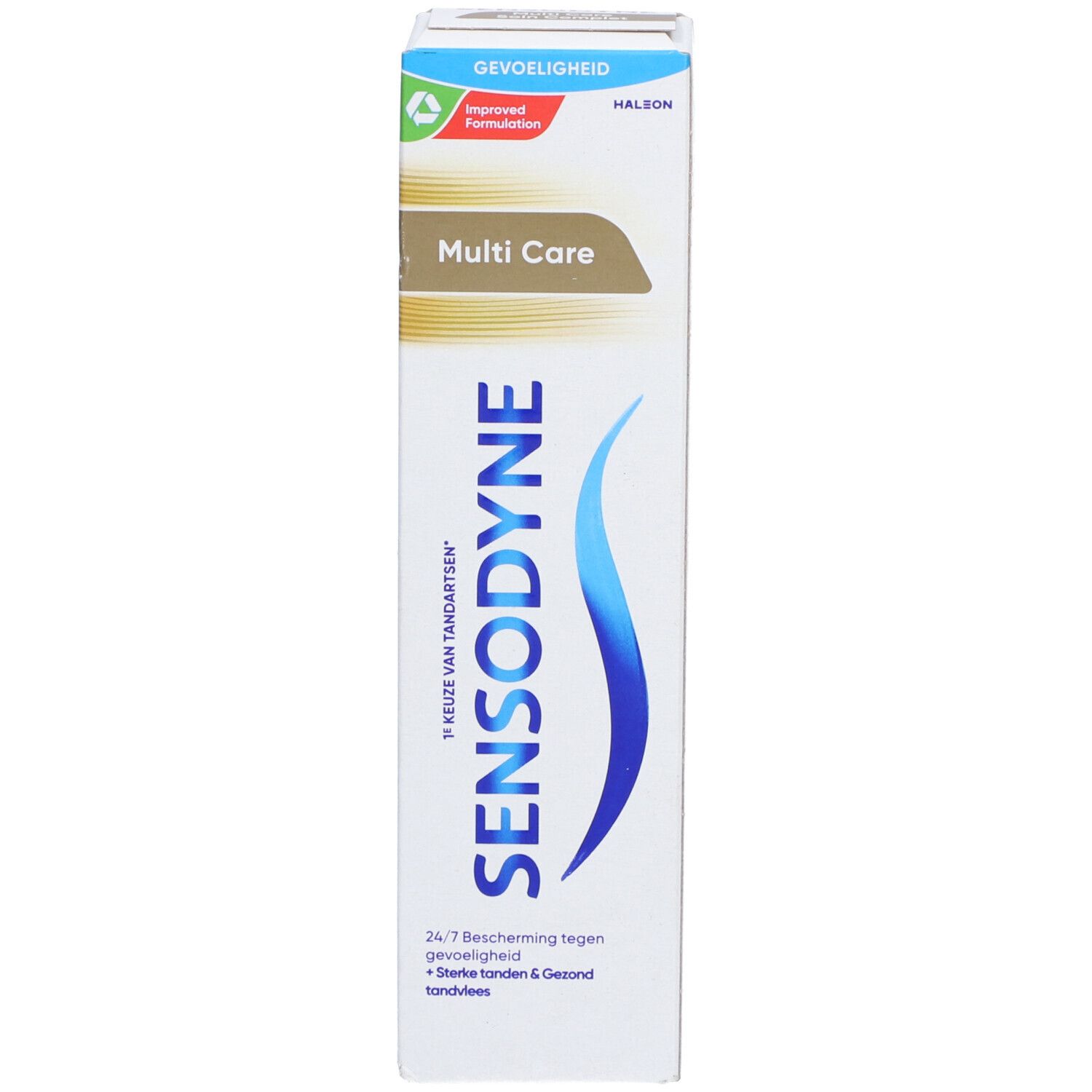 Zahnpasta-Schachtel Sensodyne Multicare. Weiß, blau und braun. Text: 'Sensodyne', 'Multi Care'.