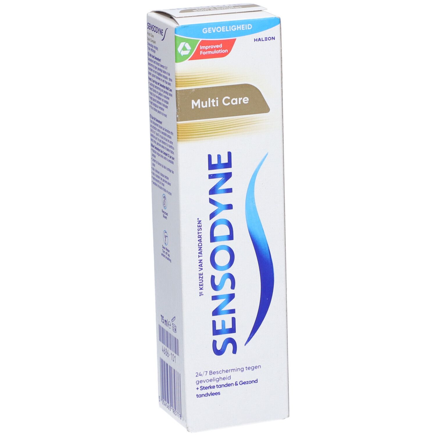 Zahnpasta-Schachtel Sensodyne Multicare. Weiß, blau und braun. Text: 'Sensodyne', 'Multi Care'.
