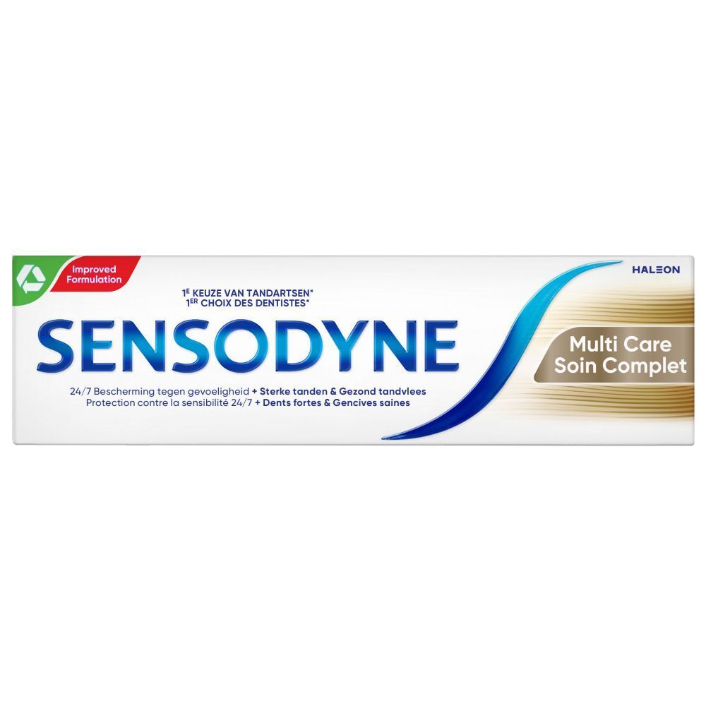 Sensodyne-Zahnpasta-Packung. Aufschrift 'Multi Care Soin Complet' und '1e Keuze van Tandartsen'. Mit Recycling-Logo.
