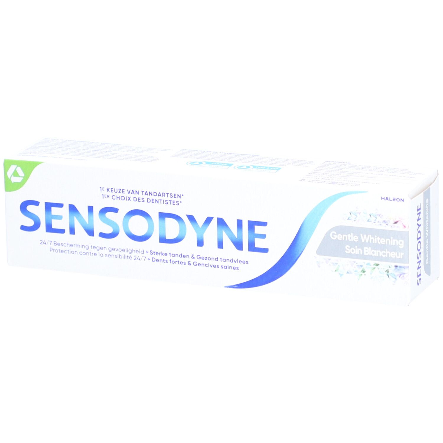 Tube de dentifrice Sensodyne Gentle Whitening. Inscription et logo. Blanc, bleu et vert.