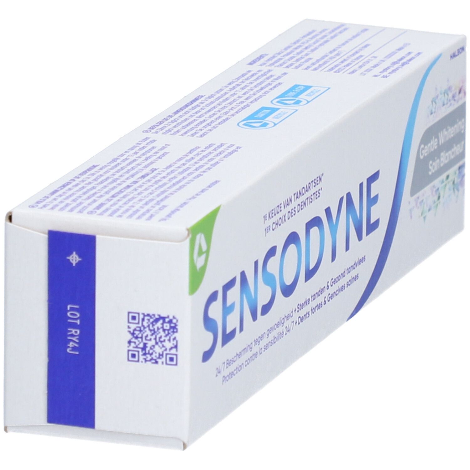Emballage Sensodyne Gentle Whitening. Boîte blanche avec logo et texte bleus.