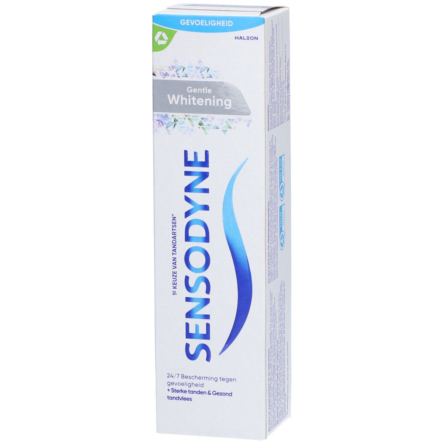 Boîte de Sensodyne Gentle Whitening. Blanc, bleu et vert. Inscription et logo.