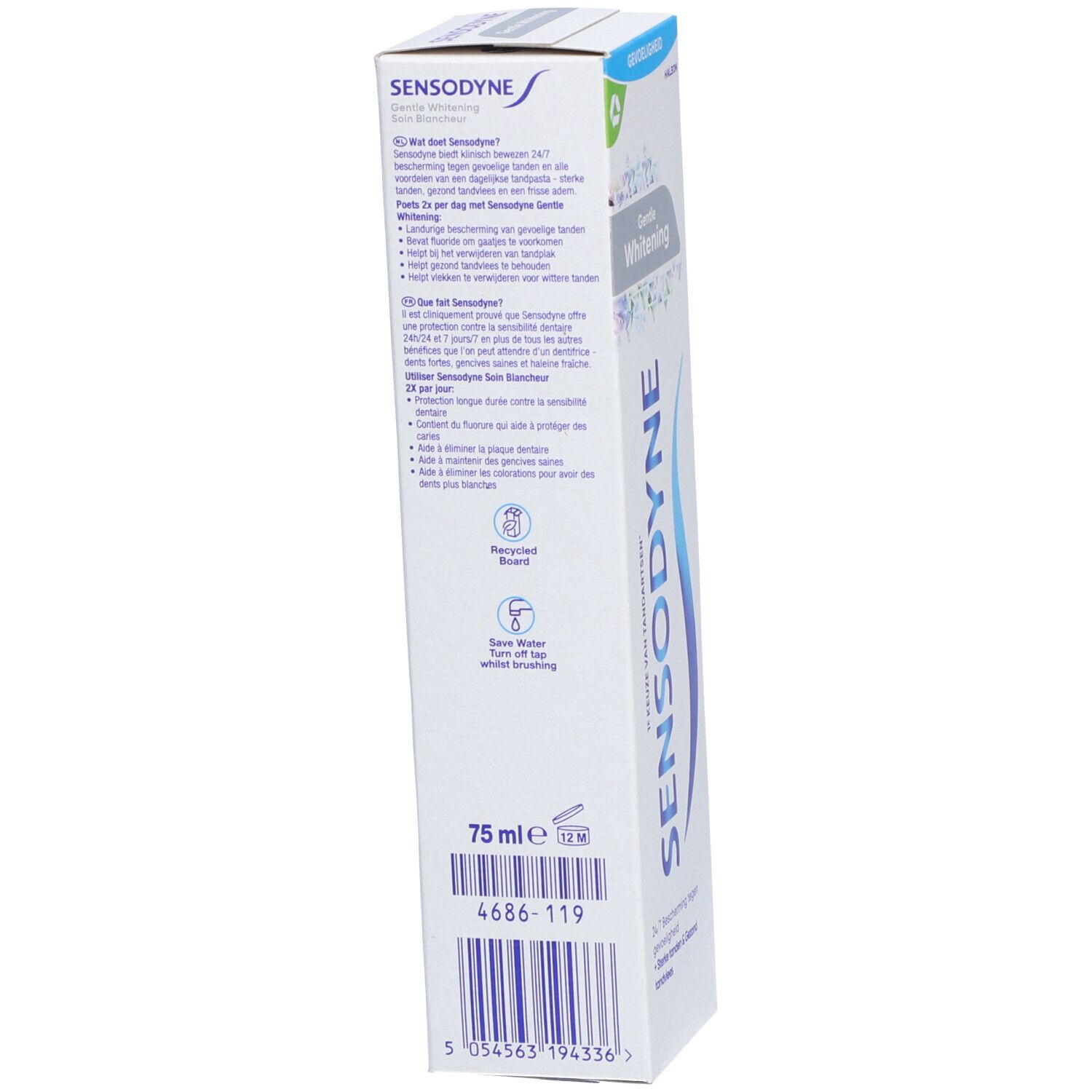Emballage Sensodyne Gentle Whitening. Boîte blanche avec texte et logo. Arrière.