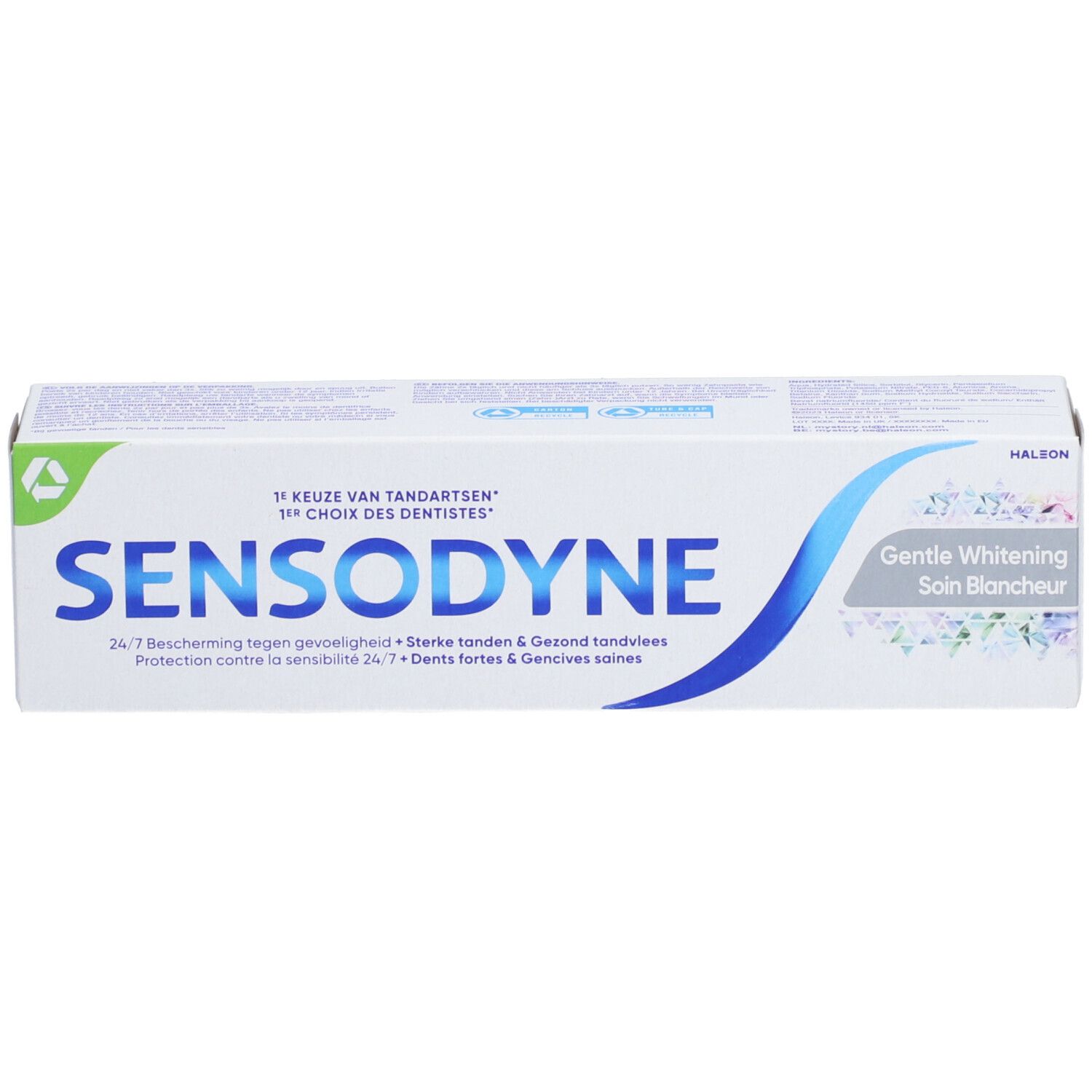 Tube de dentifrice Sensodyne Gentle Whitening. Inscription et logo. Blanc, bleu et vert.