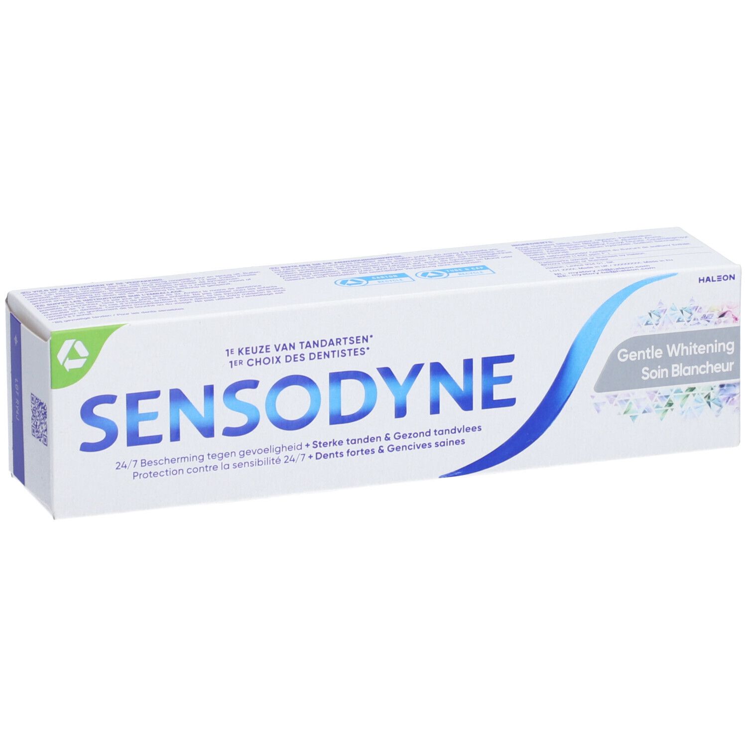 Emballage Sensodyne Gentle Whitening. Boîte blanche avec logo et texte bleus.