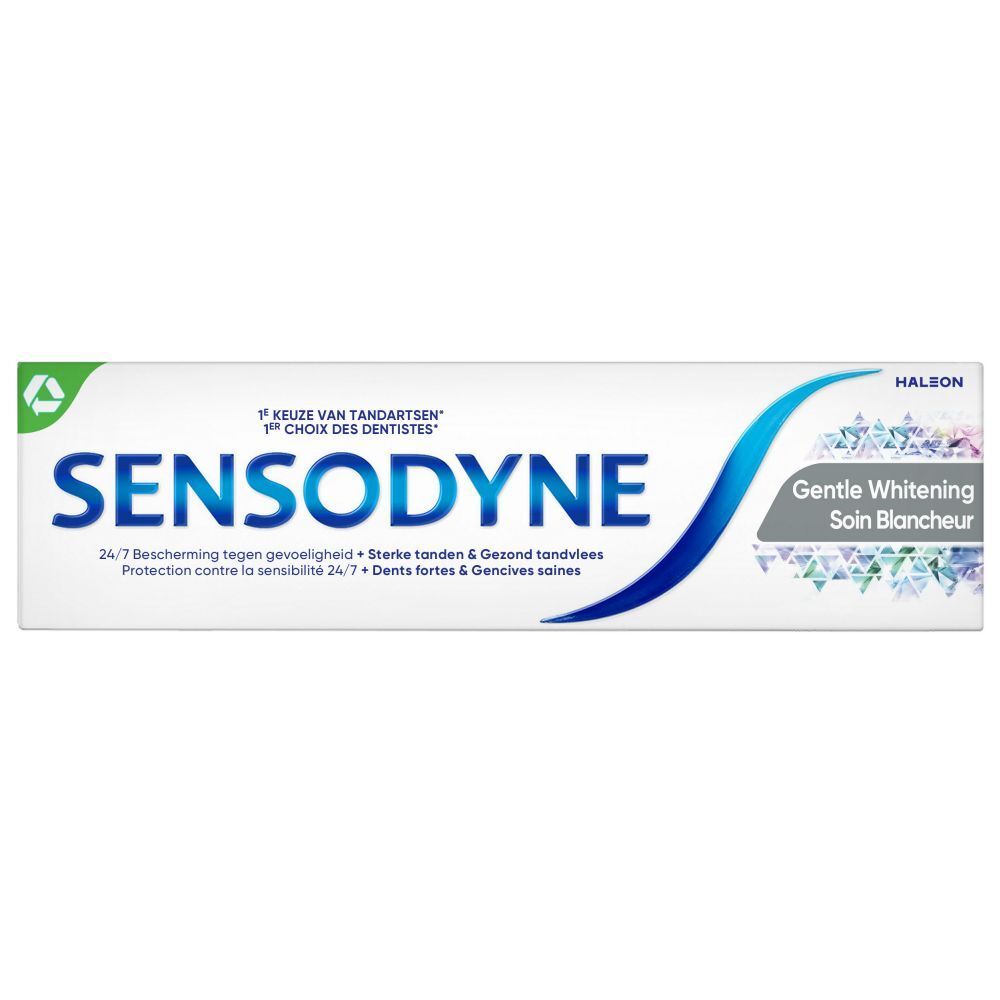 Tube de dentifrice Sensodyne Gentle Whitening. Inscription en bleu et blanc. Logo vert.