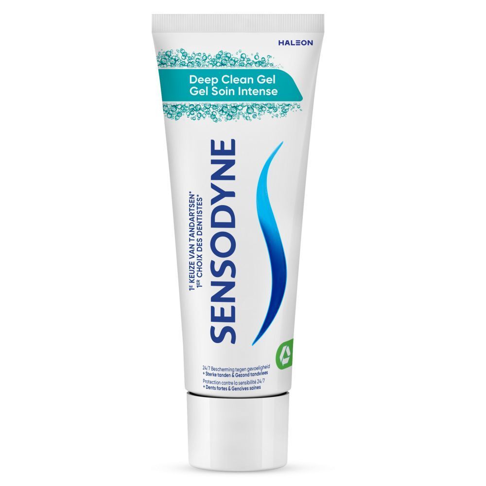 Sensodyne Deep Clean Gel tandpasta tube. Wit, blauw logo en tekst. Groen-witte accenten.
