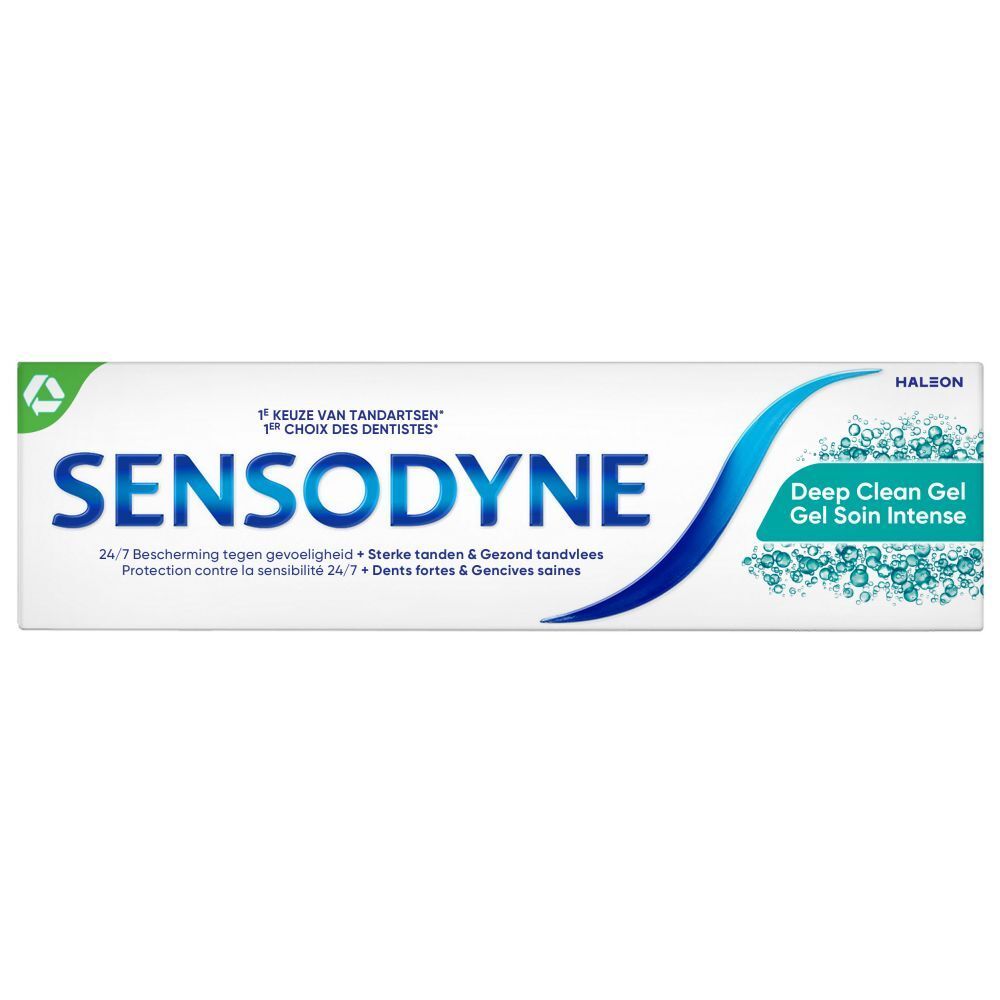 Verpakking van Sensodyne Deep Clean Gel. Wit, blauw logo en tekst. Groen-witte accenten. Rechthoekig.