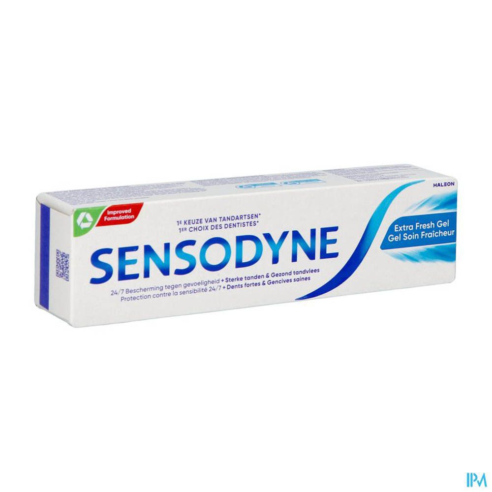 Emballage de dentifrice Sensodyne Gel. Blanc, logo bleu, texte. Extra Fresh Gel. 1er choix des dentistes.