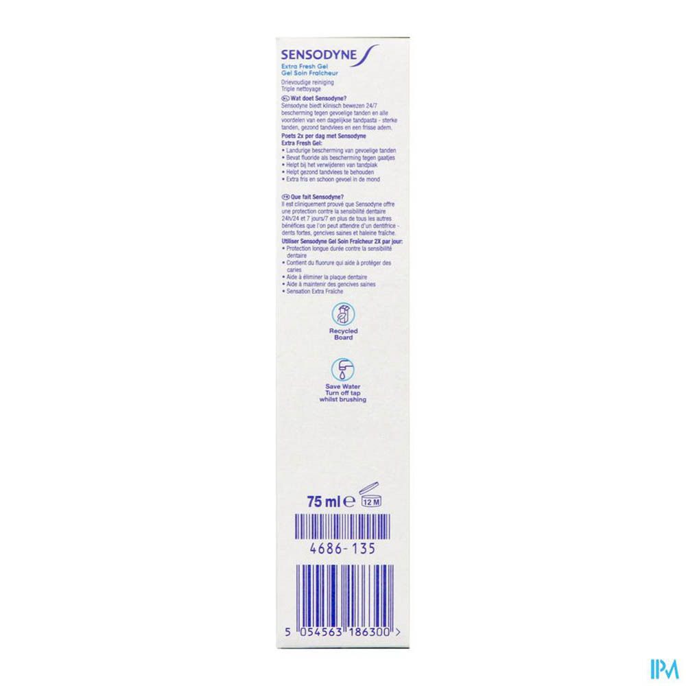 Emballage de dentifrice Sensodyne Gel. Vue latérale avec texte. 75 ml. Informations sur les ingrédients et le recyclage.