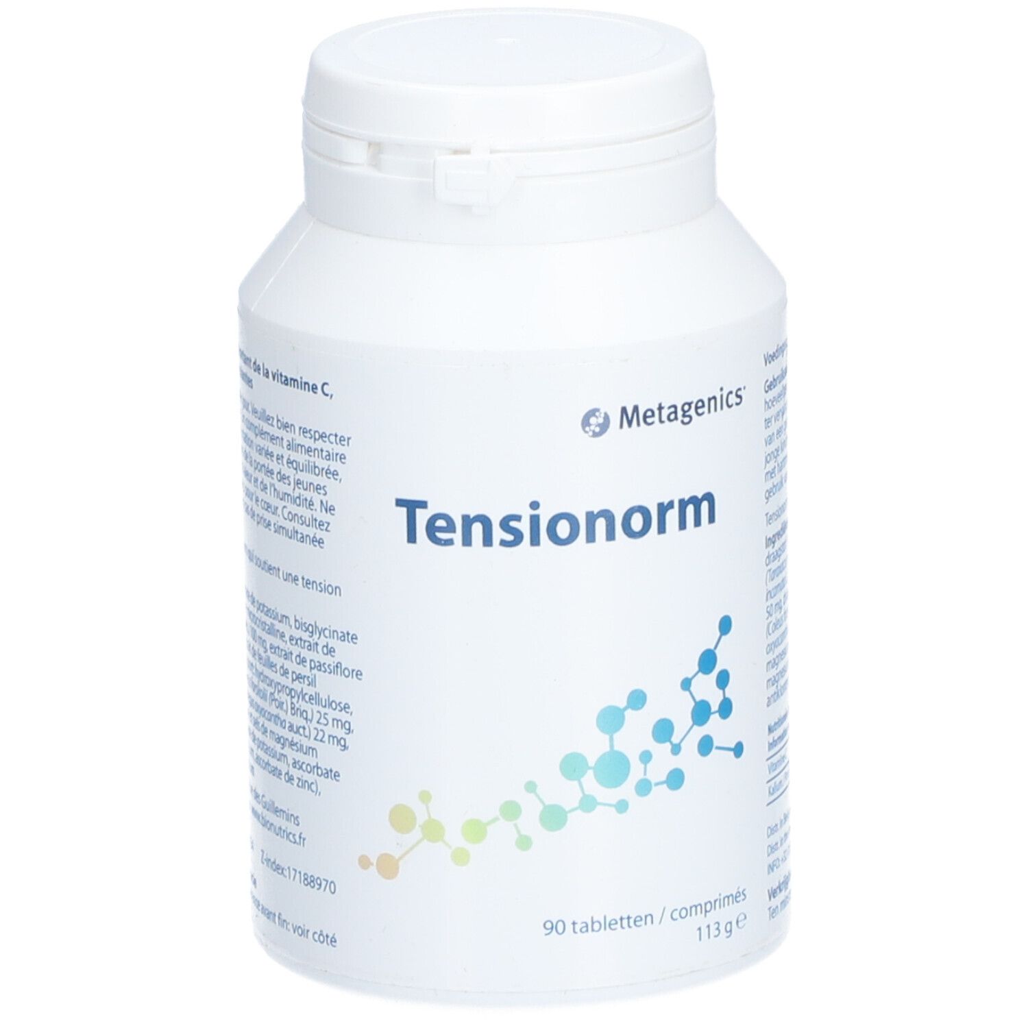 Flacon blanc de comprimés "Tensionorm". Marque : Metagenics. 90 comprimés, 113g.
