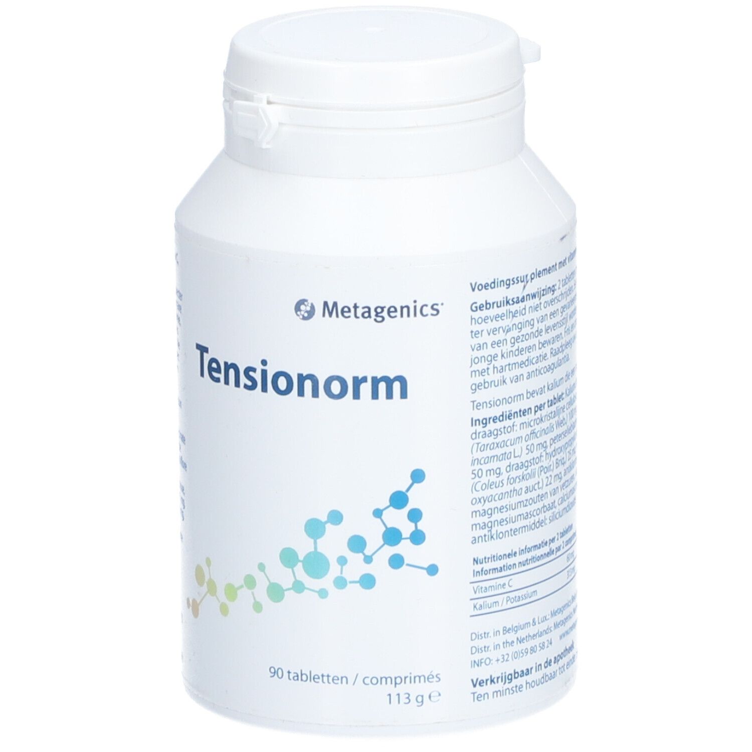 Flacon blanc de comprimés "Tensionorm". Marque : Metagenics. 90 comprimés, 113g.