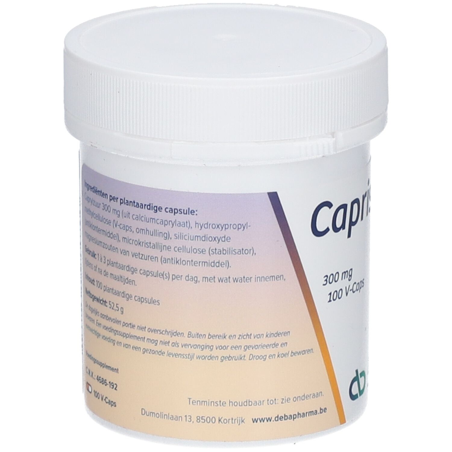 Pot blanc avec 'Capristat'. Contient 300 mg et 100 V-Caps. Logo DeBa Pharma. Liste des ingrédients.