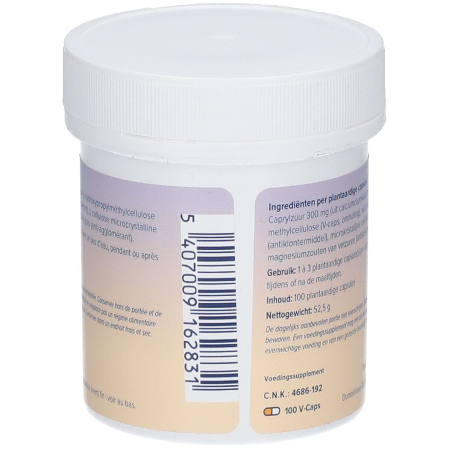 Dos du pot blanc. Liste des ingrédients et informations nutritionnelles. C.N.K.: 4686 192.