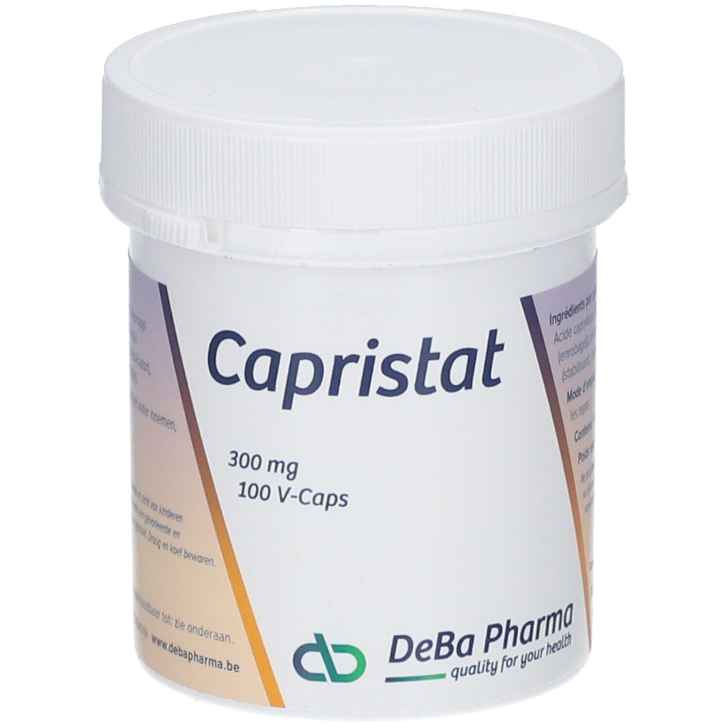 Pot blanc avec 'Capristat'. Contient 300 mg et 100 V-Caps. Logo DeBa Pharma.