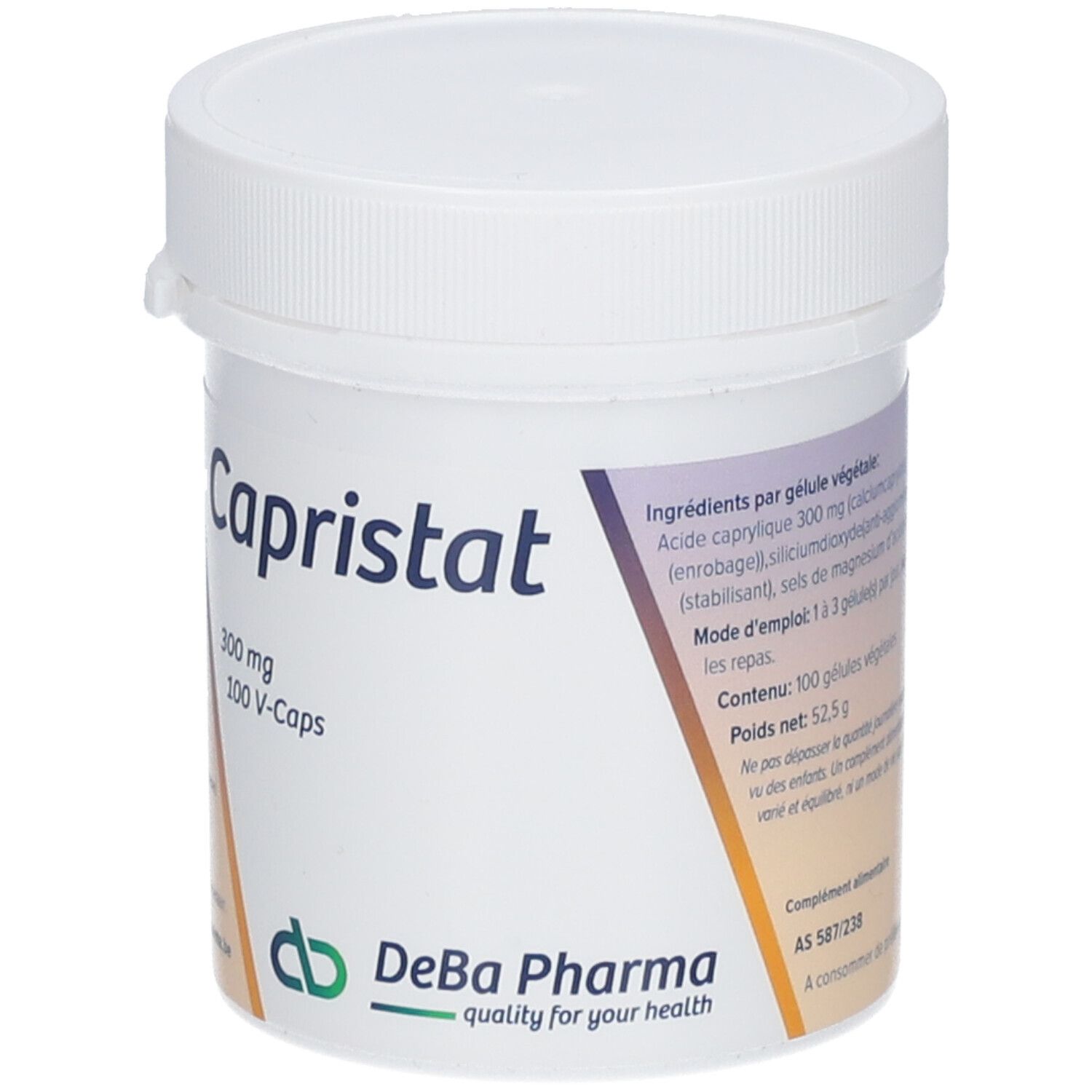 Pot blanc avec 'Capristat'. Contient 300 mg et 100 V-Caps. Logo DeBa Pharma.