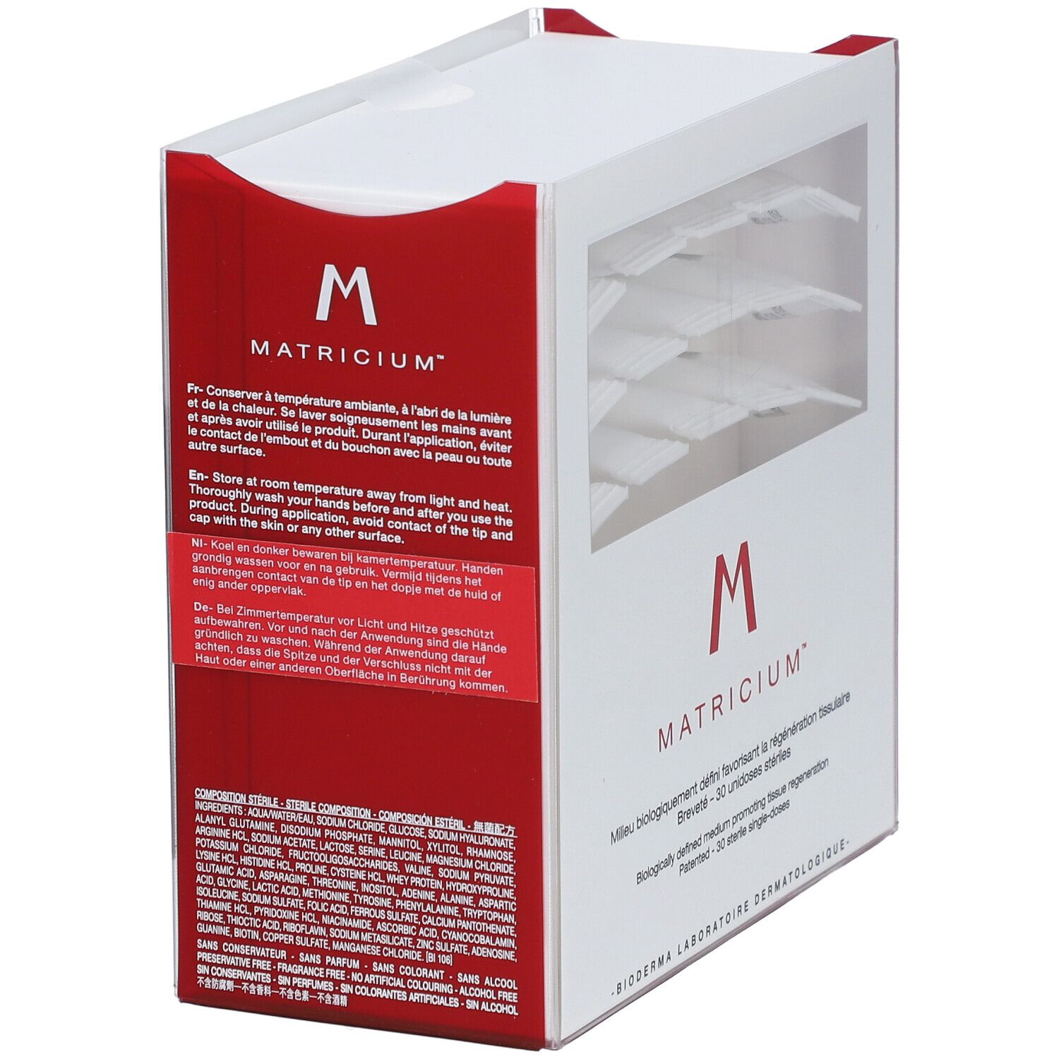 Verpakking "M Matricium". Rood en wit. Tekst in het Frans en Duits. Bevat 30 unidoses.