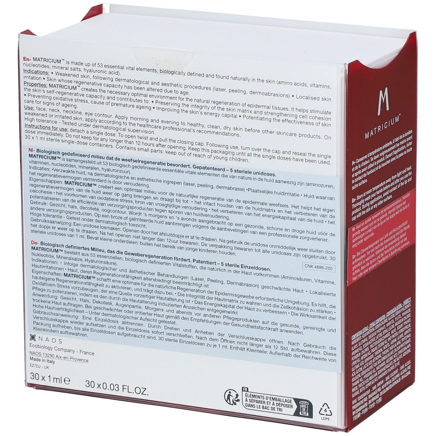Verpakking "M Matricium". Meertalige tekst. Bevat 30 unidoses. Merk: Bioderma.