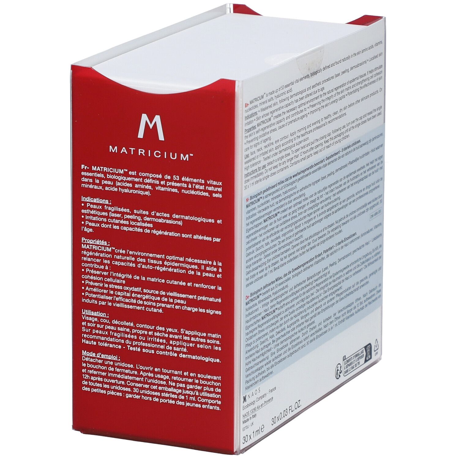 Verpakking "M Matricium". Rood en wit. Meertalige tekst. Merk: Bioderma.