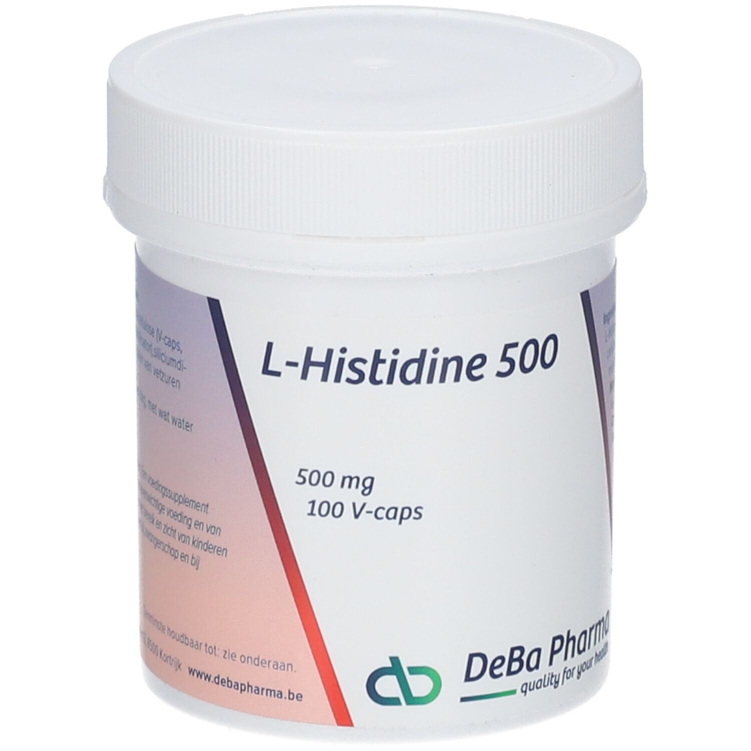 Boîte blanche avec couvercle. Inscription : L-Histidine 500, 500 mg, 100 V-caps. Logo DeBa Pharma.