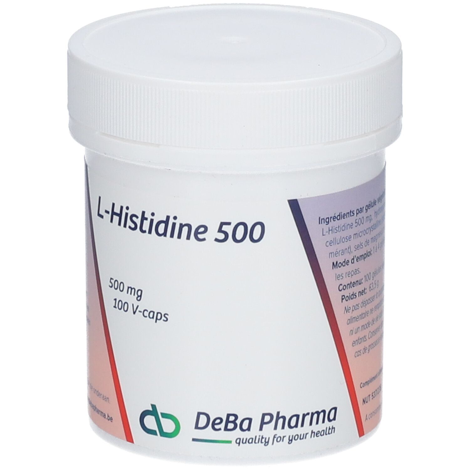 Boîte blanche avec couvercle. Inscription : L-Histidine 500, 500 mg, 100 V-caps. Logo DeBa Pharma.