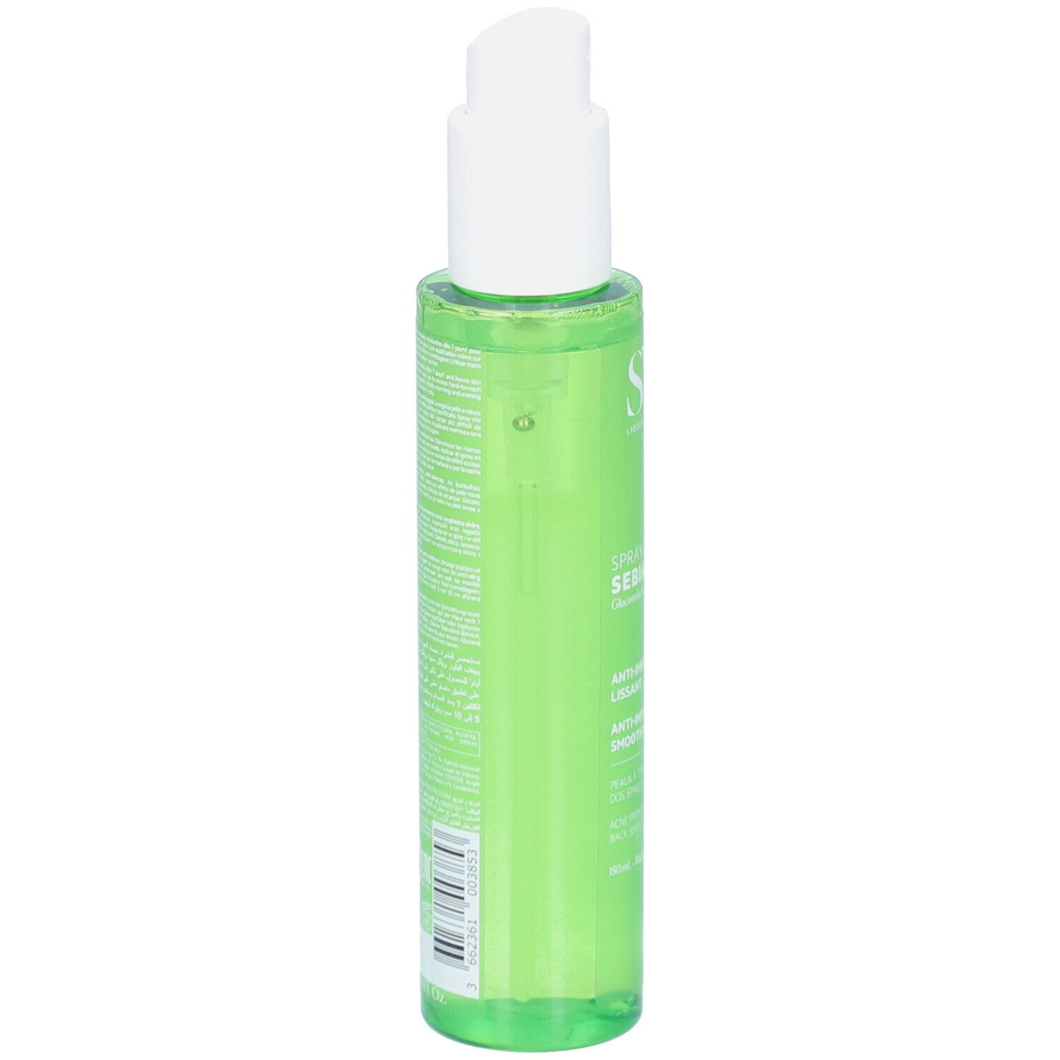 Grüne Flasche mit weißem Sprühkopf. Seitenansicht. Text und Barcode. SVR Sebiaclear Spray Corps.