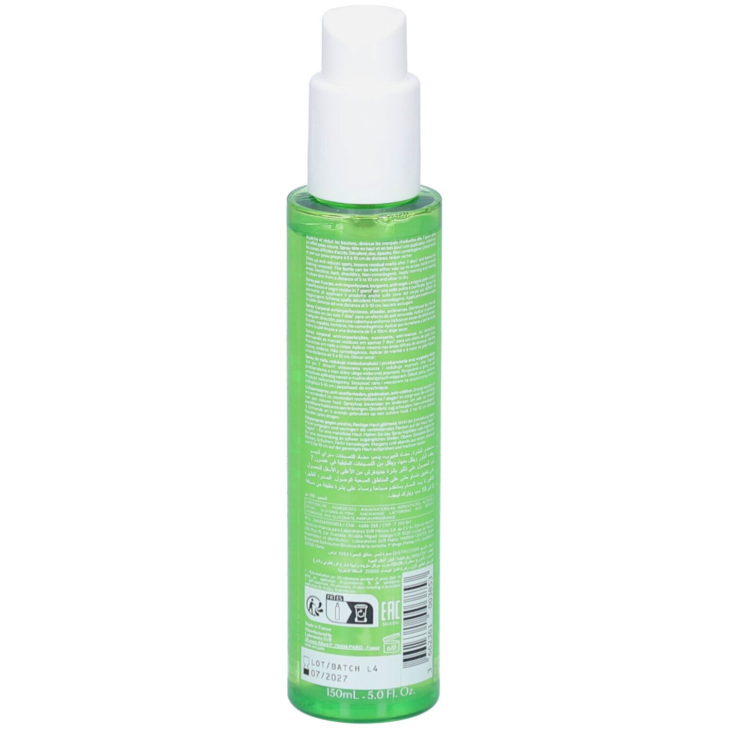 Rückseite der grünen Flasche mit weißem Sprühkopf. Text und Logos. SVR Sebiaclear Spray Corps.