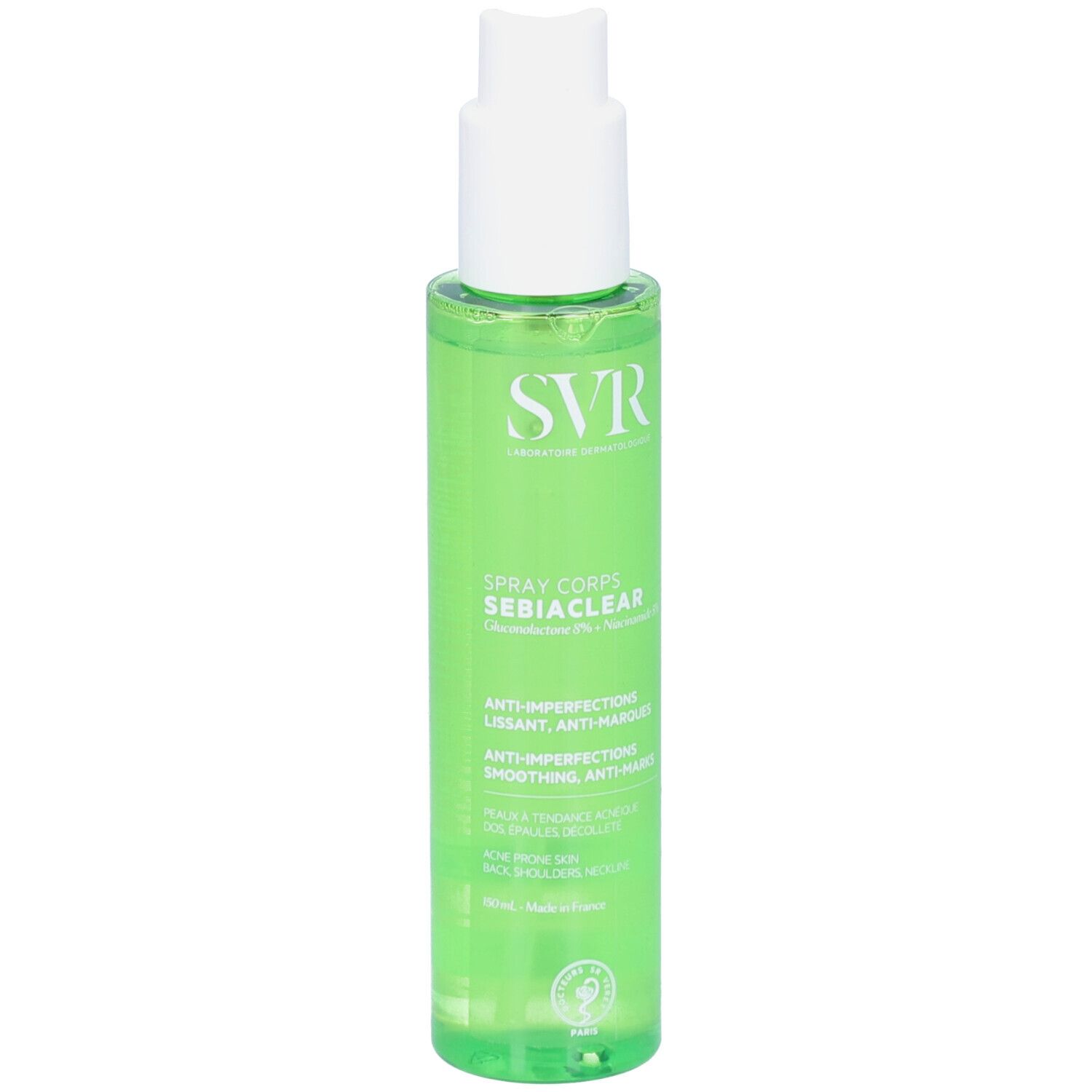 Grüne Flasche mit weißem Sprühkopf. Aufschrift: SVR, Sebiaclear Spray Corps. Anti-Unreinheiten.