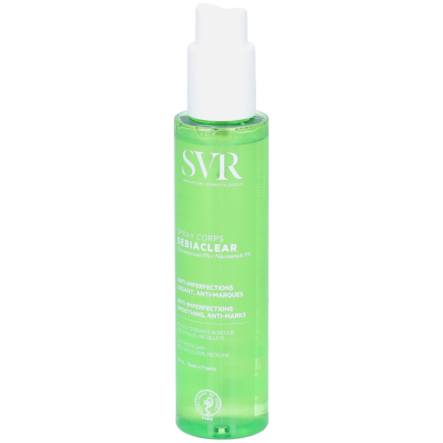 Grüne Flasche mit weißem Sprühkopf. Aufschrift: SVR, Sebiaclear Spray Corps. Anti-Unreinheiten.