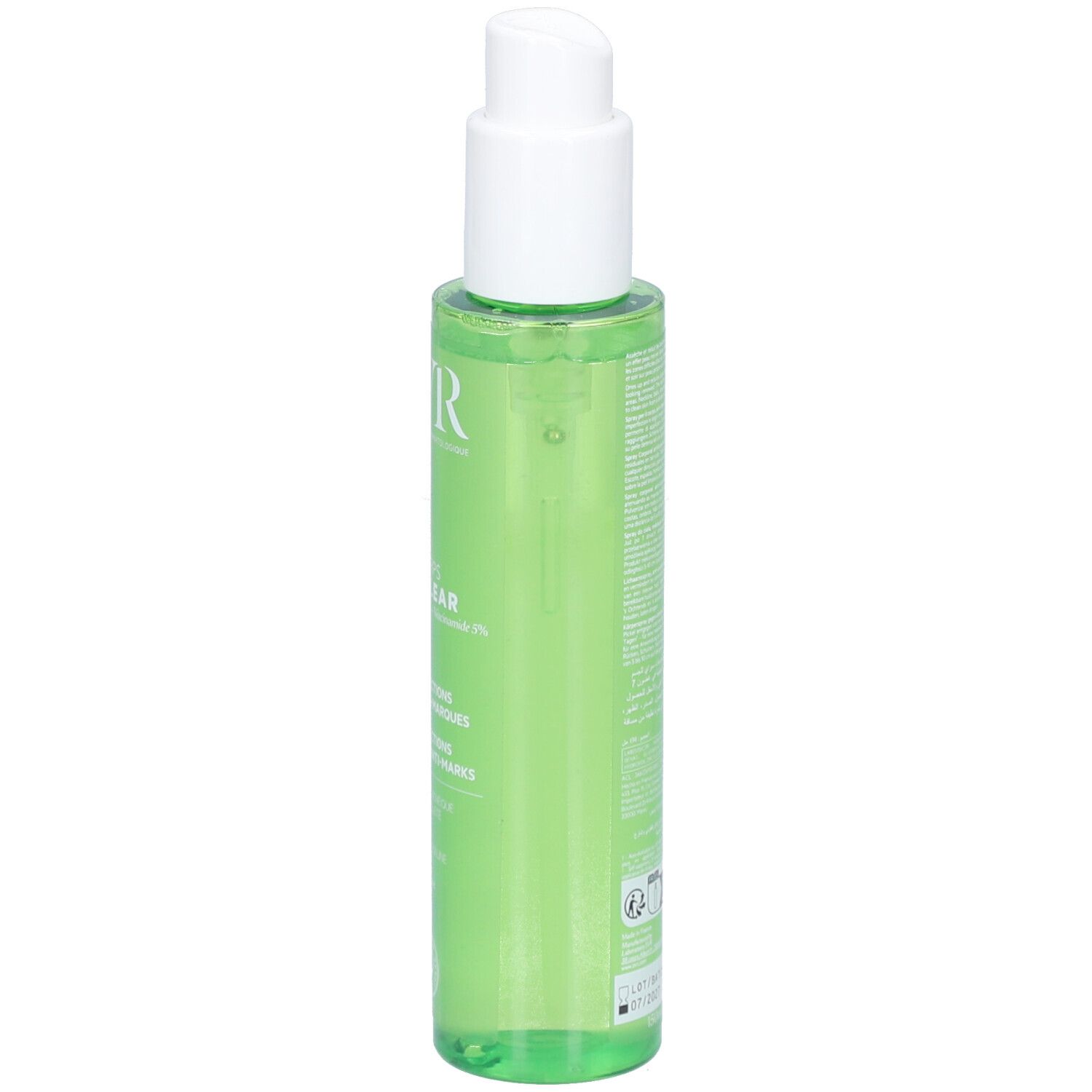 Grüne Flasche mit weißem Sprühkopf. Aufschrift: SVR, Sebiaclear Spray Corps. Anti-Unreinheiten.
