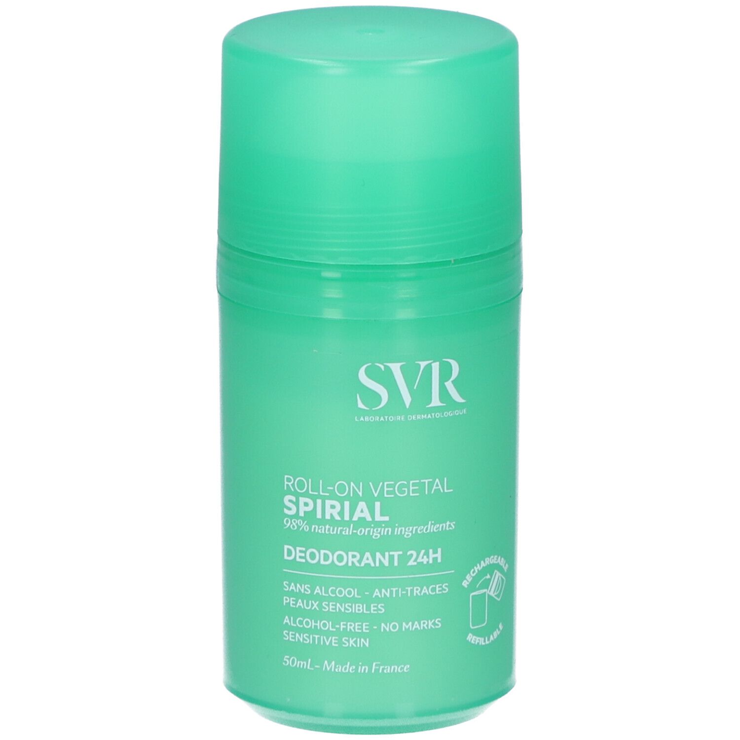 Grüner Roll-on-Deodorant. SVR-Logo und Produktbezeichnung Spirial. Text: 24h, ohne Alkohol, für empfindliche Haut. Nachfüllbar.