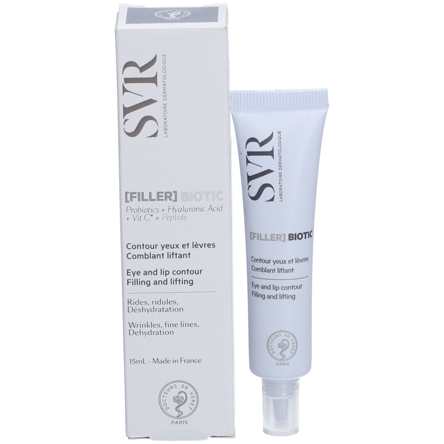 Emballage blanc avec tube. SVR [FILLER] BIOTIC, pour le contour des yeux et des lèvres. Ingrédients.