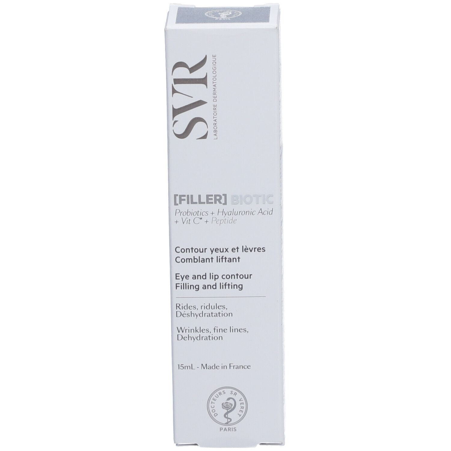 Emballage blanc SVR [FILLER] BIOTIC. Pour le contour des yeux et des lèvres. Ingrédients et texte.