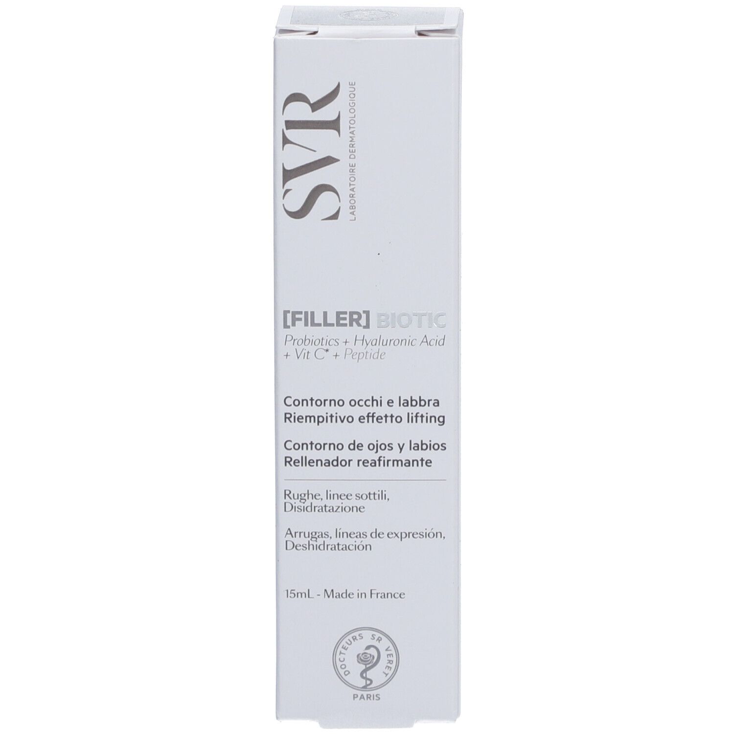 Emballage avec texte. SVR [FILLER] BIOTIC, pour le contour des yeux et des lèvres. Ingrédients et usage.