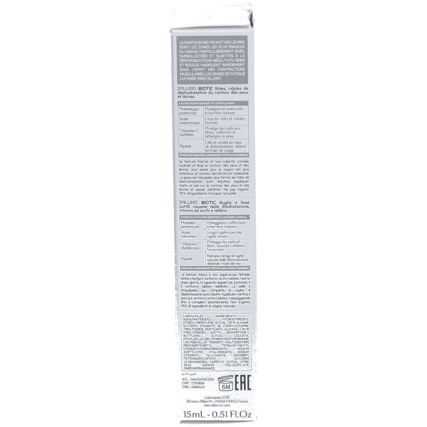 Emballage avec texte. SVR [FILLER] BIOTIC, pour le contour des yeux et des lèvres. Ingrédients et usage.