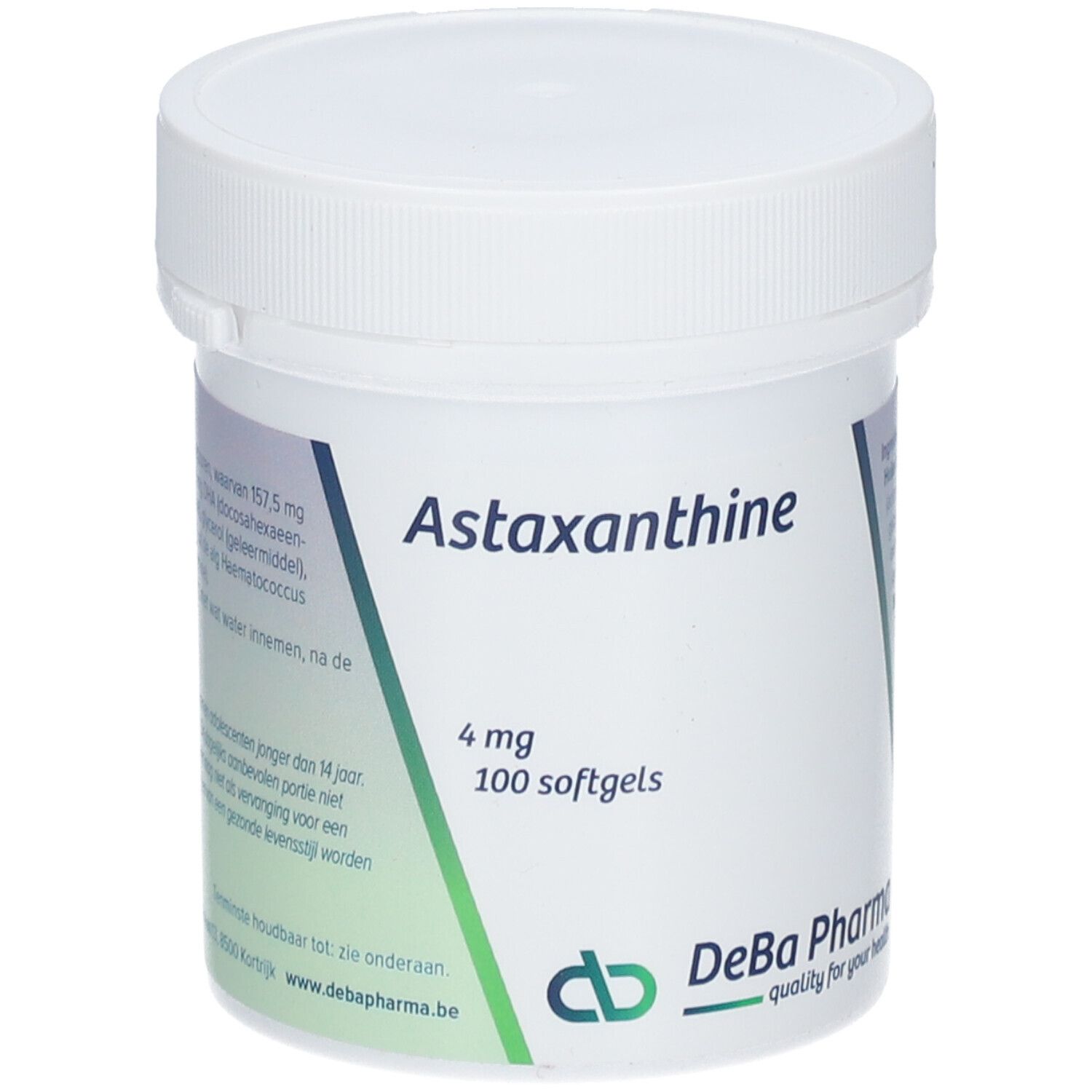 Witte pot met Astaxanthine 4 mg, 100 softgels. DeBa Pharma logo.