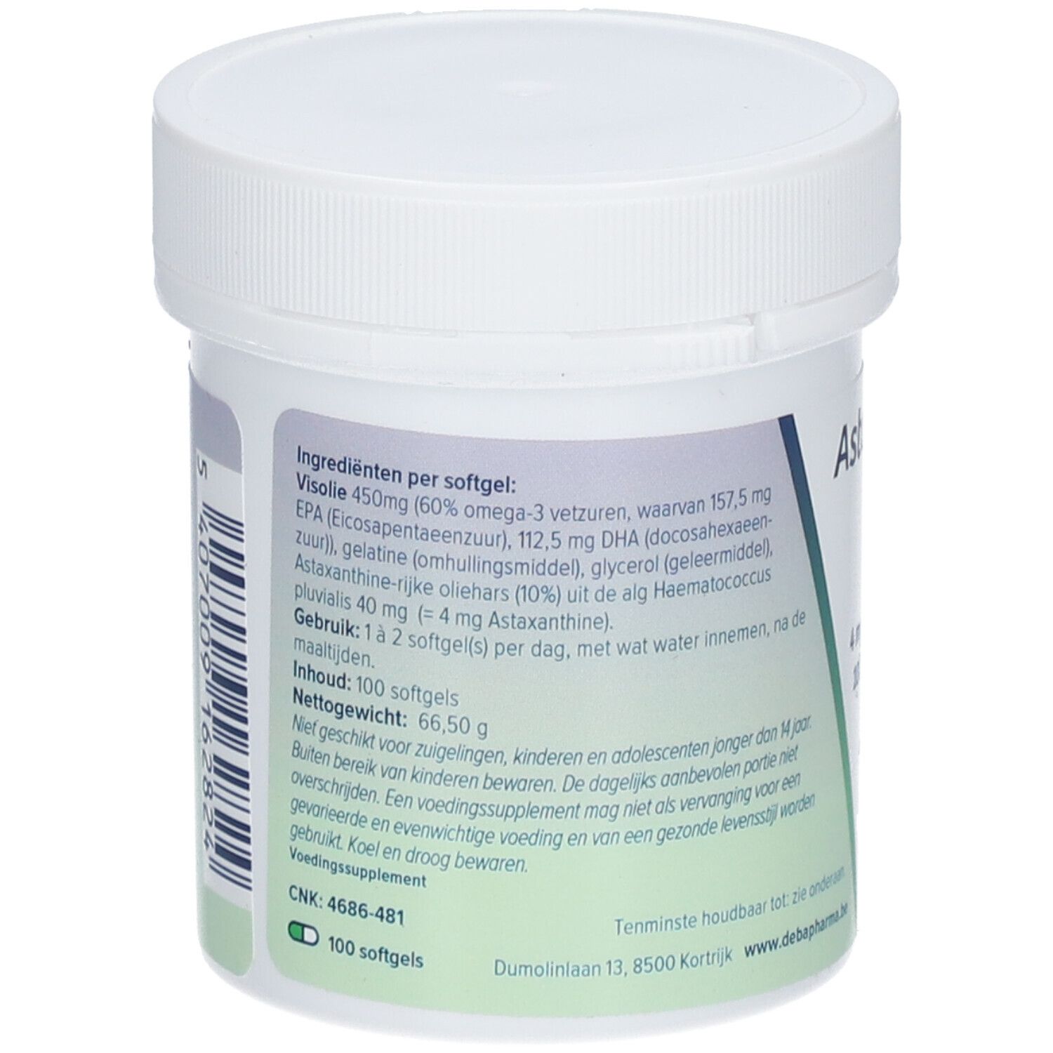 Achterkant van de witte pot. Ingrediëntenlijst, CNK-nummer, houdbaarheidsdatum. DeBa Pharma.