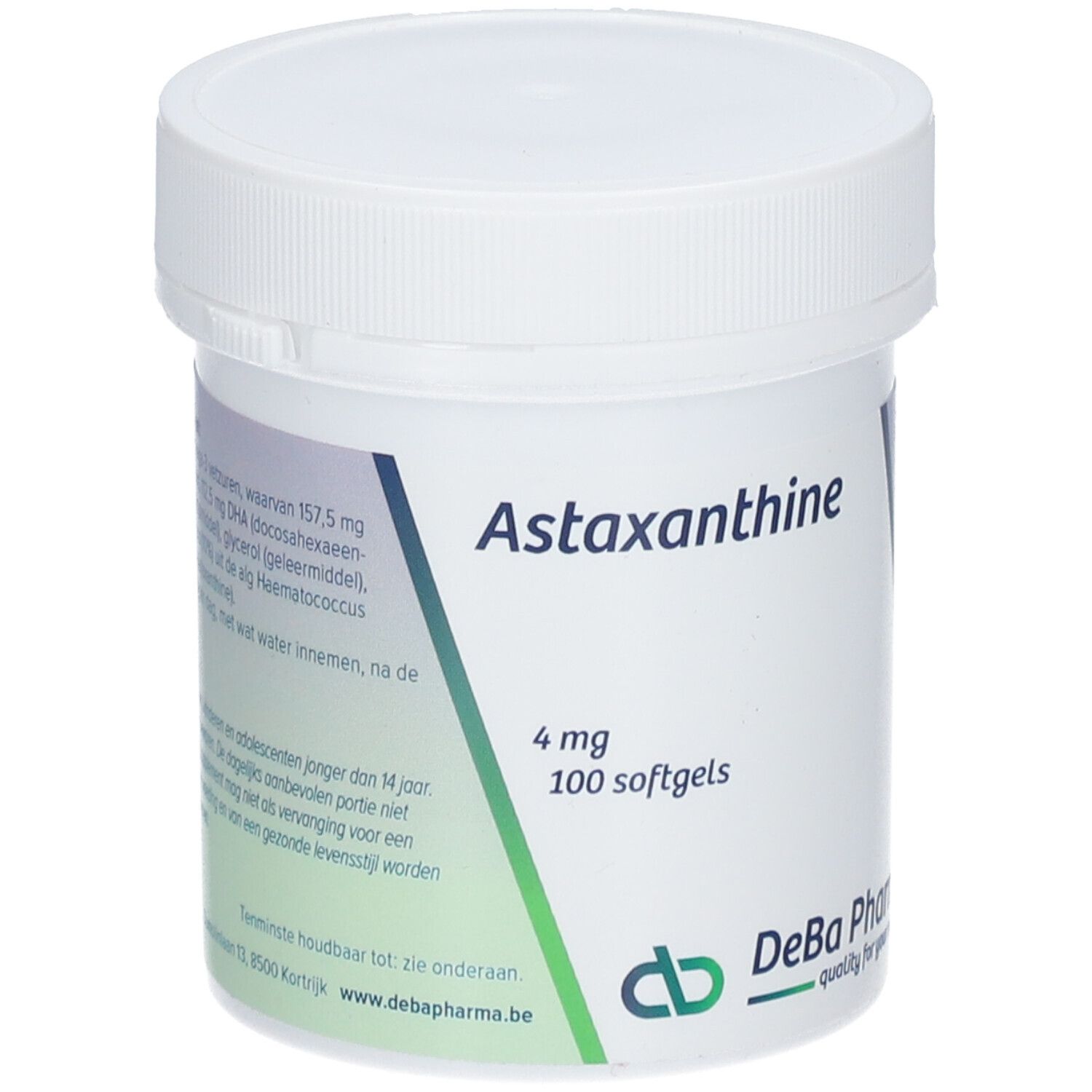 Witte pot met Astaxanthine 4 mg, 100 softgels. DeBa Pharma logo.