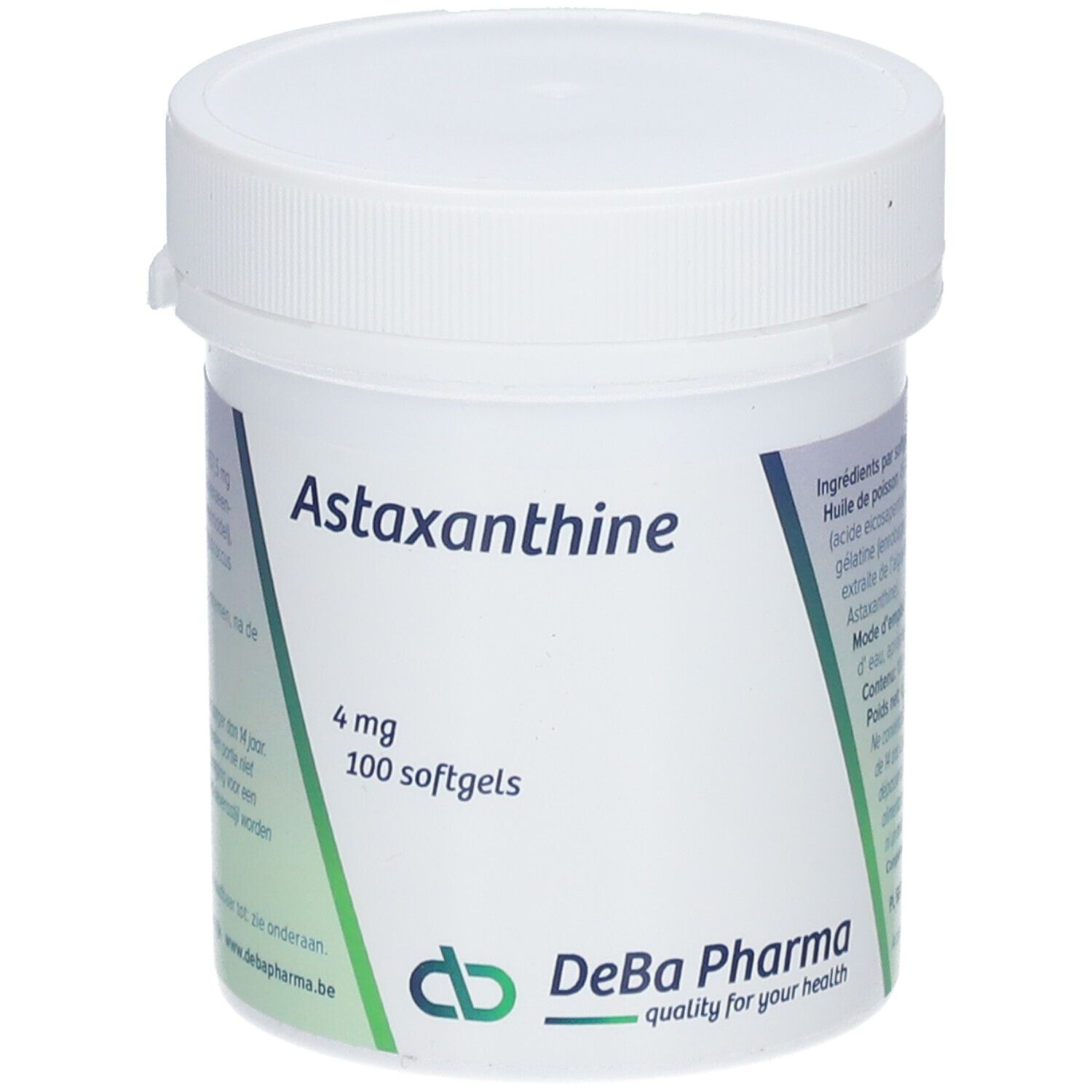 Witte pot met Astaxanthine 4 mg, 100 softgels. DeBa Pharma logo.