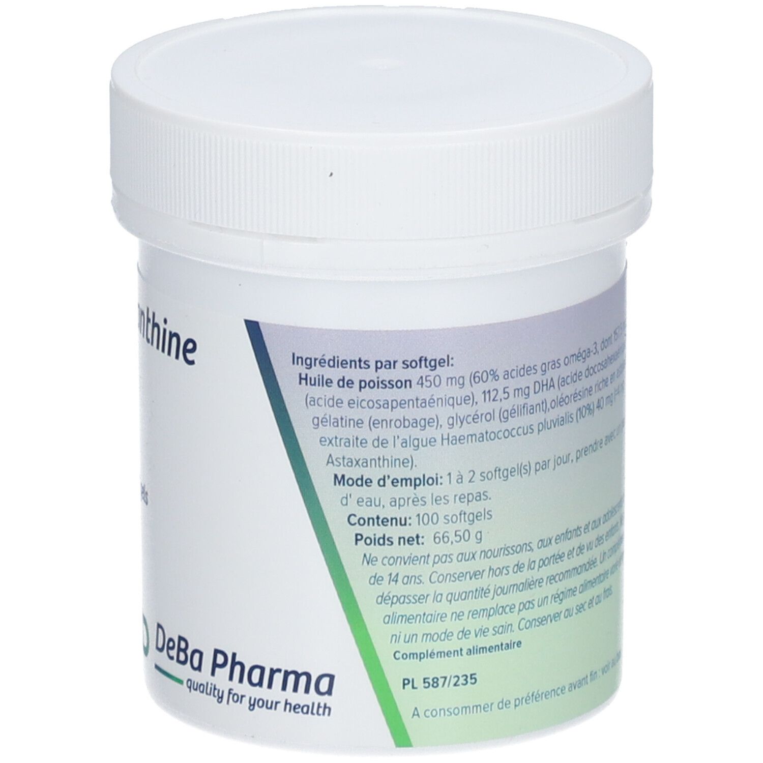 Achterkant van de witte pot. Ingrediëntenlijst, gebruiksaanwijzing, nettogewicht. DeBa Pharma.