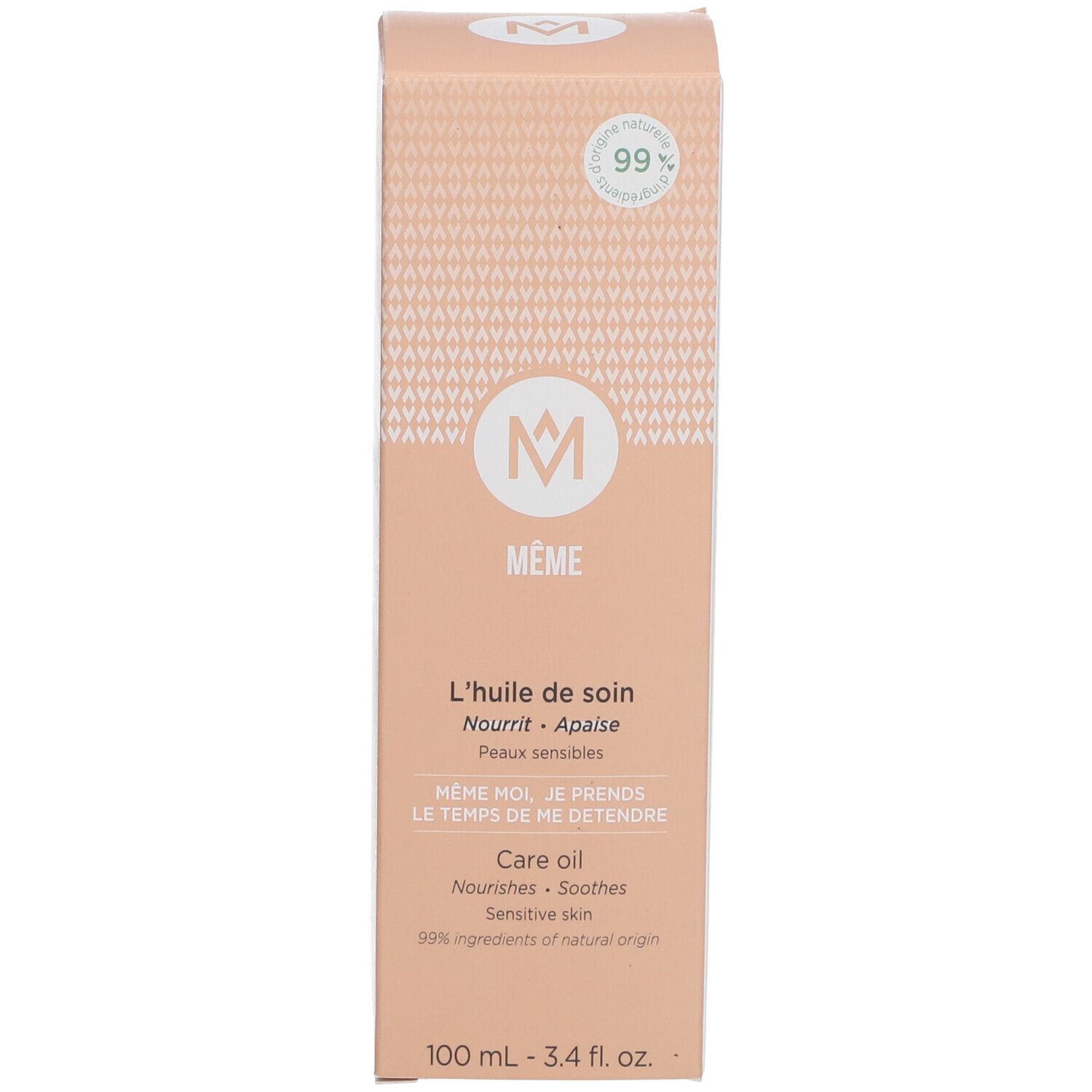 Rechteckige Produktverpackung. Rosa-weißes Design mit Logo und Text. 99% natürliche Inhaltsstoffe.